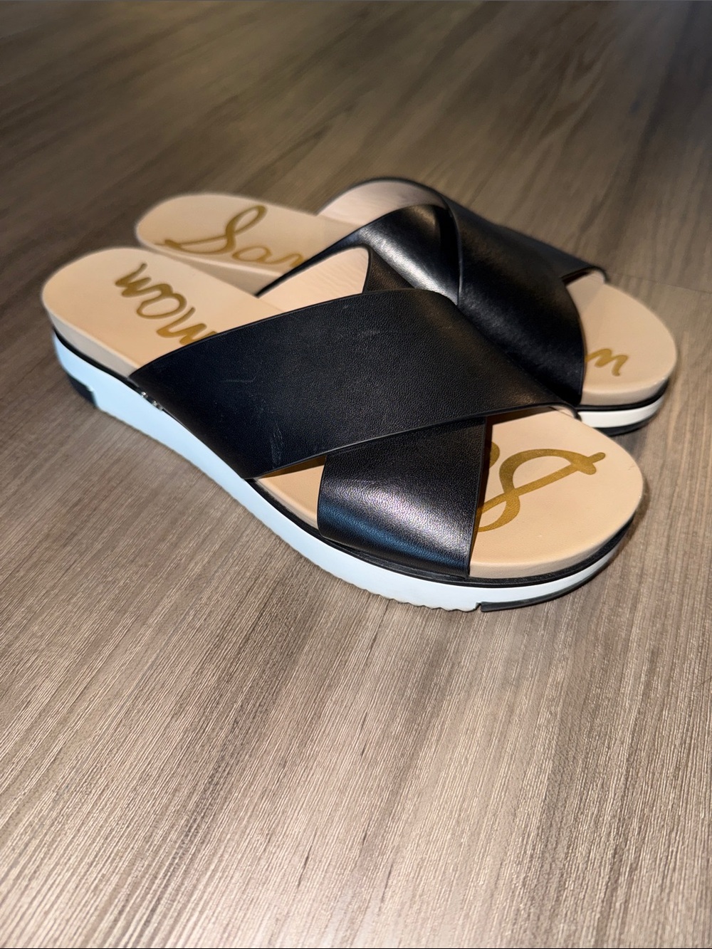Sam Edelman Audrea Black Crisscross Slide Sandals with White Platform